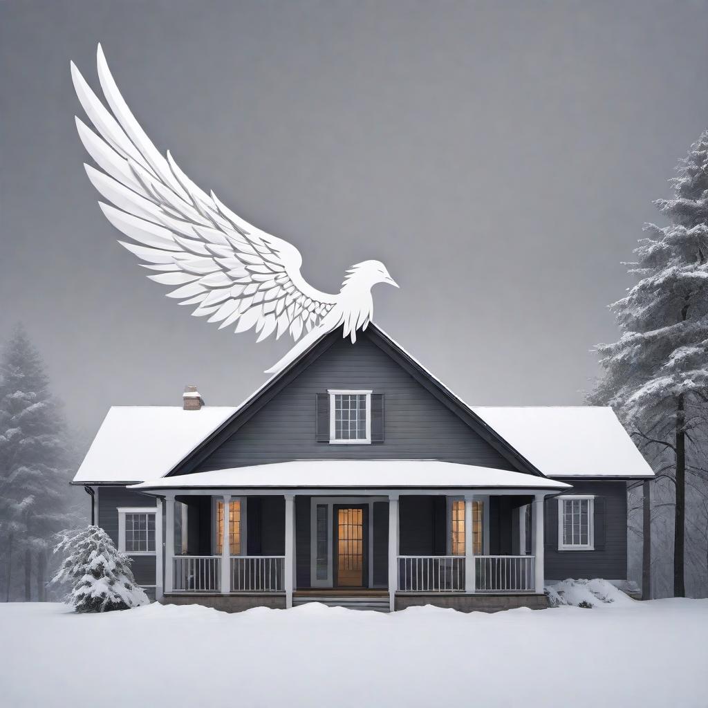  A logo design for 'Angelic Roofing LLC' that has a balanced and symmetrical composition, with smooth lines and minimalistic details. The logo features a stylized angelic figure with outstretched wings forming the roof of a house, and the wings resemble roof shingles. The angelic figure is elegant and graceful, while the house silhouette is simple and recognizable. The name 'Angelic Roofing' is included in the logo, with 'LLC' in a smaller font beneath it. The font used should be clean and modern, such as Montserrat or Open Sans, to convey reliability and professionalism. The color scheme includes a soft shade of white or light gray for the angel, dark gray or charcoal for the wings/shingles, medium to dark gray for the house silhouette, and hyperrealistic, full body, detailed clothing, highly detailed, cinematic lighting, stunningly beautiful, intricate, sharp focus, f/1. 8, 85mm, (centered image composition), (professionally color graded), ((bright soft diffused light)), volumetric fog, trending on instagram, trending on tumblr, HDR 4K, 8K