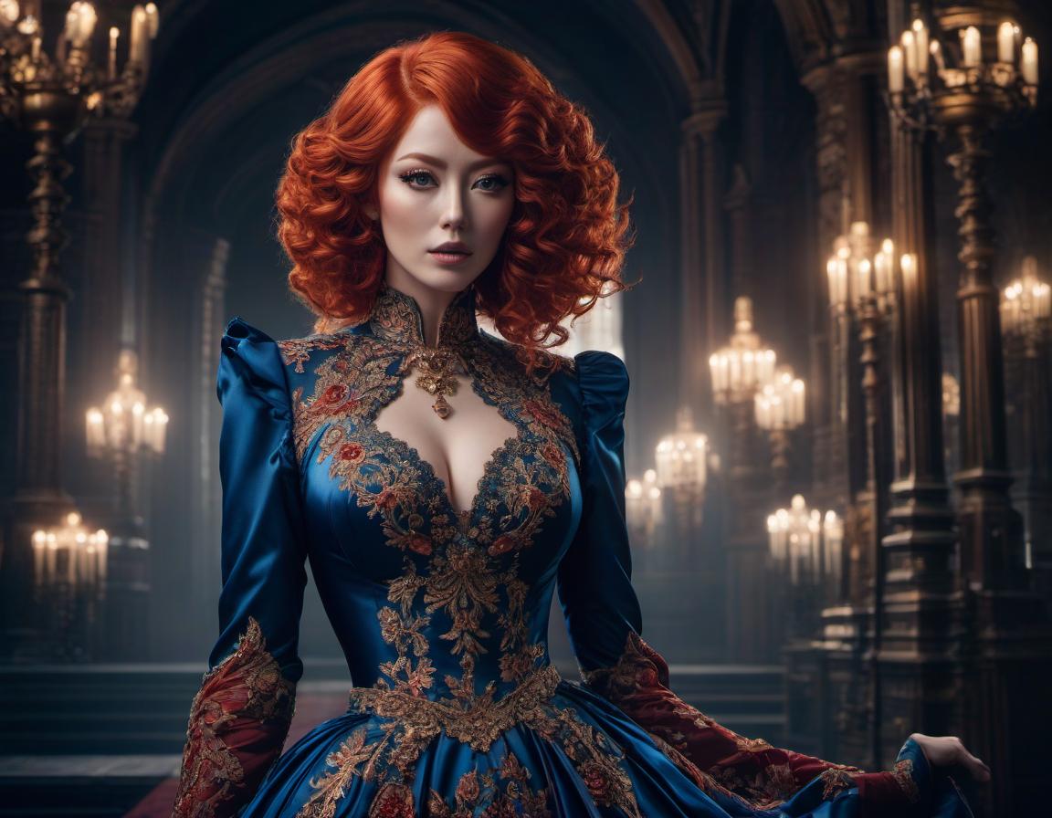  anime artwork A striking digital artwork of a woman with voluminous red hair in an ornate blue dress, posing elegantly against a dark background. . anime style, key visual, vibrant, studio anime, highly detailed hyperrealistic, full body, detailed clothing, highly detailed, cinematic lighting, stunningly beautiful, intricate, sharp focus, f/1. 8, 85mm, (centered image composition), (professionally color graded), ((bright soft diffused light)), volumetric fog, trending on instagram, trending on tumblr, HDR 4K, 8K