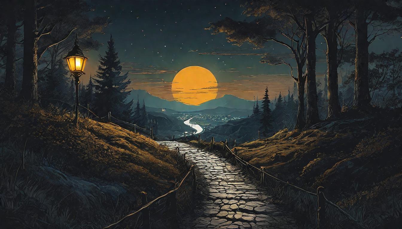  （surrealism)+++A path illuminated by lanterns, winding through a dark forest towards a gleaming city on a hill, Journey through challenge, light leading through darkness, city of hope, path of progress, guiding lights, destination illuminated looking at viewer,(intricate details, masterpiece, best quality)++