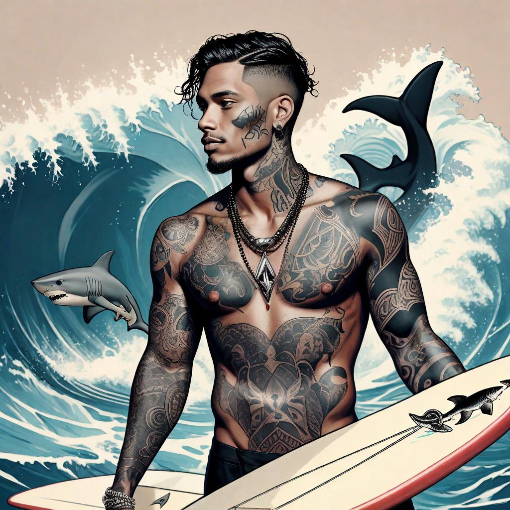  abstract artwork, A handsome man with beautiful black tattoos and a necklace with a shark's tooth on his neck. That he stands on a surfboard on a wave when he is on it and the water is clear