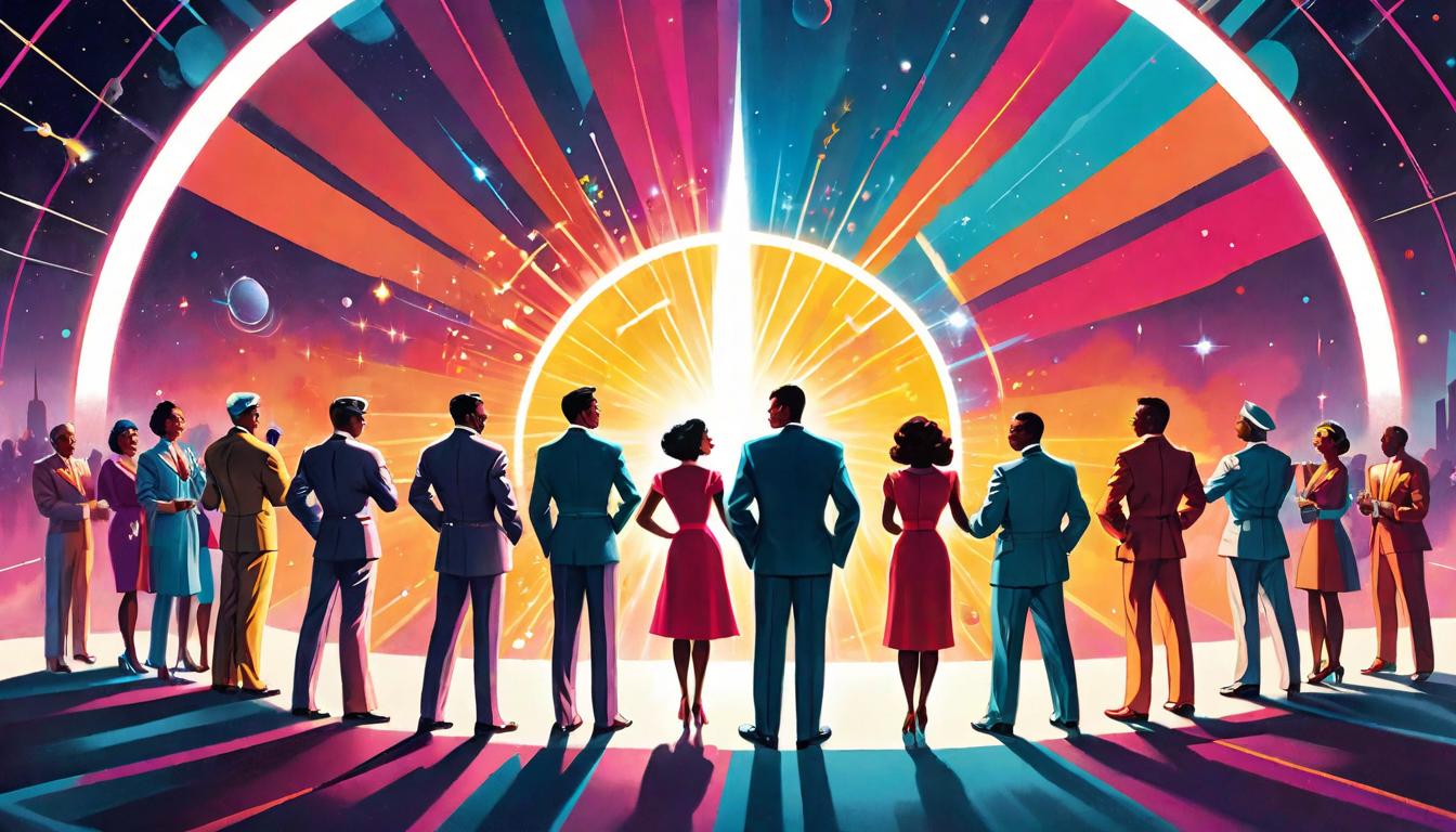  retro futuristic A circle of diverse individuals, standing, exchanging colorful beams of light from heart to heart, a network of energy flow, unity in diversity, impactful connections, radiance of mutual influence lvintage sci fi, 50s and 60s style, atomic age, vibrant, highly detailed