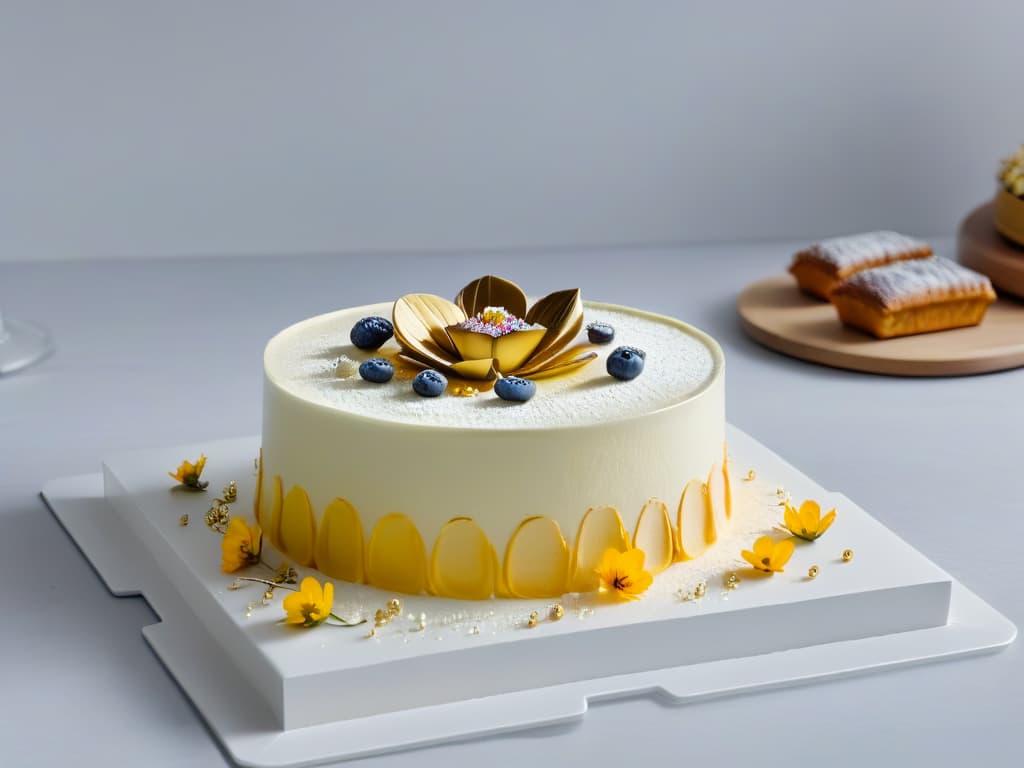  A highresolution, minimalist image of a sleek, modern kitchen with a marble countertop showcasing an elegantly plated dessert surrounded by digital devices displaying various social media platforms such as Instagram, Pinterest, and TikTok. The dessert is meticulously garnished with edible flowers, gold leaf, and intricate designs, symbolizing the fusion of traditional pastry techniques with digital influence. The image exudes sophistication and innovation, reflecting the harmonious blend of culinary artistry and social media trends in the realm of digital baking. hyperrealistic, full body, detailed clothing, highly detailed, cinematic lighting, stunningly beautiful, intricate, sharp focus, f/1. 8, 85mm, (centered image composition), (professionally color graded), ((bright soft diffused light)), volumetric fog, trending on instagram, trending on tumblr, HDR 4K, 8K