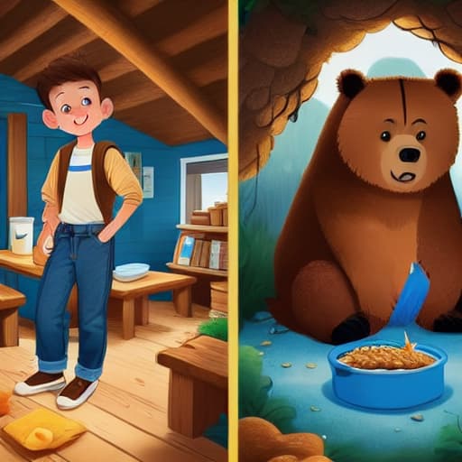  (a boy with short hair and brown shirt and blue jeans) is standing, the bear is sitting and eating honey, in a dimly lit cabin.