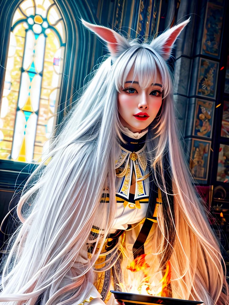   ,best quality,best quality,official art,extremely detailed CG unity 8k wallpaper,long hair,absurdly long hair,adorable ,vampire,masterpiece, white hair,hime cut,parted bangs,drill hair,messy hair, hair,blush,yellow eyes,nose blush,drooling,heavy breathing,saliva trail,drunk,,Sukumizu, legwear,rabbit ears,pointy ears,A old  hyperrealistic, full body, detailed clothing, highly detailed, cinematic lighting, stunningly beautiful, intricate, sharp focus, f/1. 8, 85mm, (centered image composition), (professionally color graded), ((bright soft diffused light)), volumetric fog, trending on instagram, trending on tumblr, HDR 4K, 8K