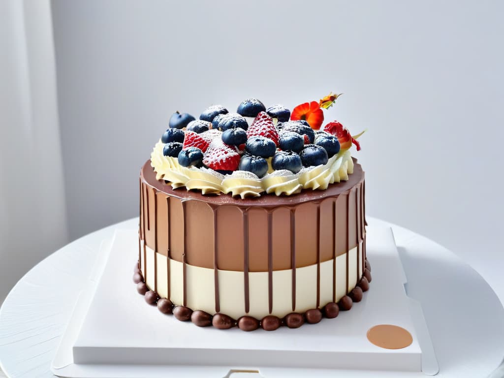  An elegant and minimalistic image of a beautifully decorated multilayered cake with intricate designs made of chocolate, surrounded by fresh berries and edible flowers. The cake is displayed on a sleek white platter against a clean, white background, highlighting the precision and artistry of gourmet pastry craftsmanship. hyperrealistic, full body, detailed clothing, highly detailed, cinematic lighting, stunningly beautiful, intricate, sharp focus, f/1. 8, 85mm, (centered image composition), (professionally color graded), ((bright soft diffused light)), volumetric fog, trending on instagram, trending on tumblr, HDR 4K, 8K