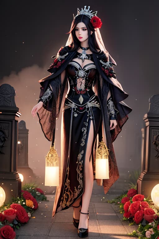  Realistic Skull Santa muerte, long hair walking in a cemetery, hooded gown, crown of roses, dia de Los muertos, skulls, photorealistic, fog, moonlight, gothic, scary, black roses hyperrealistic, full body, detailed clothing, highly detailed, cinematic lighting, stunningly beautiful, intricate, sharp focus, f/1. 8, 85mm, (centered image composition), (professionally color graded), ((bright soft diffused light)), volumetric fog, trending on instagram, trending on tumblr, HDR 4K, 8K