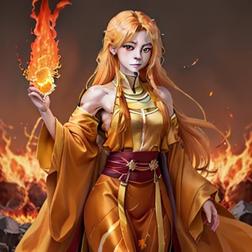  Muscular but slender young woman with golden hair made of fire and orange eyes, young, anime