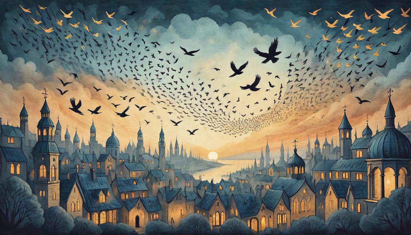  on parchment, surrealism+++, A pair of glowing hands releasing a swarm of birds made of light into the skies over a twilight city, hands detailed with intricate symbols, city silhouette against dusk, birds darting freely, liberation, potential unleashed(mysterious, provocative, symbolic,muted color)+++