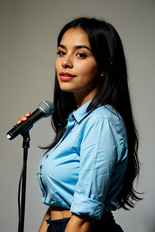  young attractive black woman, facing forward with medium complexion, blue blouse, shone from waist up, medium sized breasts, closed mouth slight smile, long black hair, holding microphone in right hand underneath chin