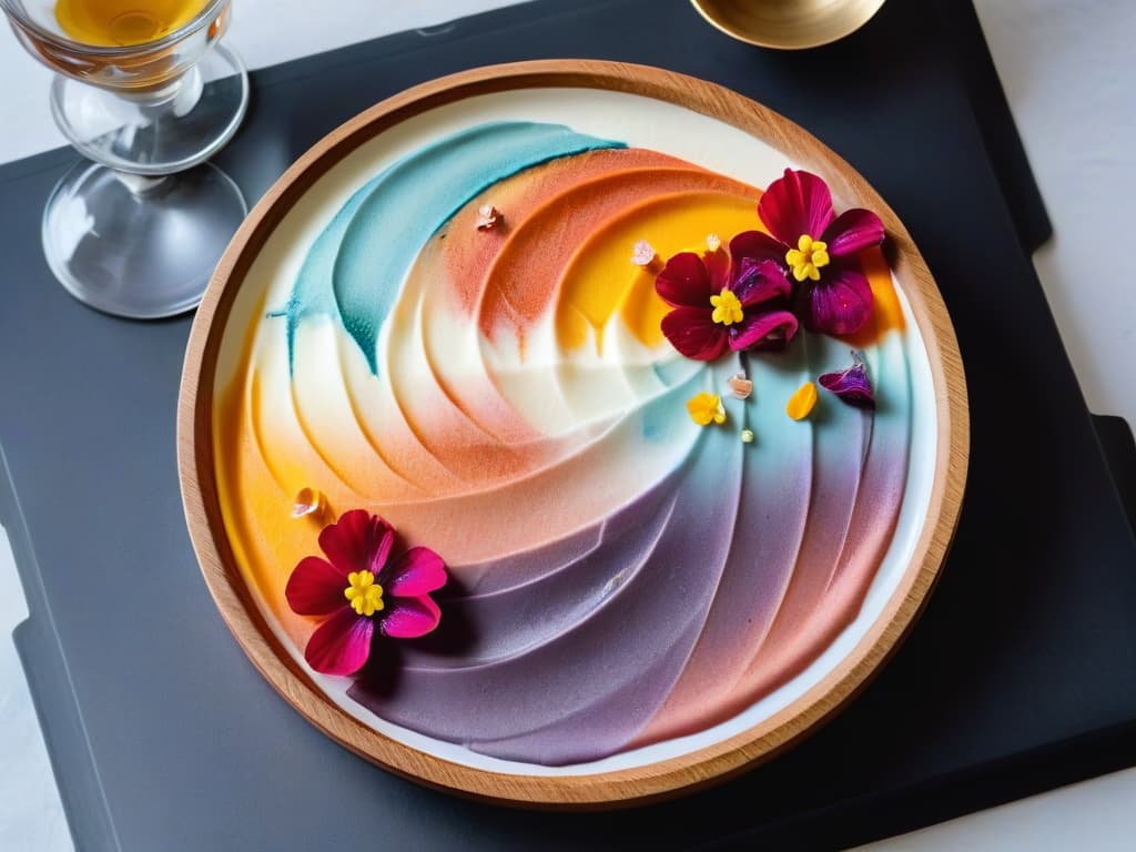  A minimalist yet impactful image of a vibrant, abstract dessert plate featuring a harmonious blend of colors and flavors. The dessert is artistically presented with swirls of colorful sauces, delicate edible flowers, and sprinkles of contrasting textures like crushed nuts and crystallized sugar. The overall composition exudes a sense of balance and sophistication, inviting viewers to explore the interplay between colors and flavors in culinary art. hyperrealistic, full body, detailed clothing, highly detailed, cinematic lighting, stunningly beautiful, intricate, sharp focus, f/1. 8, 85mm, (centered image composition), (professionally color graded), ((bright soft diffused light)), volumetric fog, trending on instagram, trending on tumblr, HDR 4K, 8K