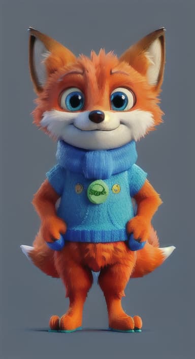  {Error the fox pressing the blue button with his paw, looking puzzled as nothing occurs., Error is a small, bright orange fox with a fluffy tail and big, inquisitive eyes. He has a mischievous yet kind expression and wears a tiny green scarf.