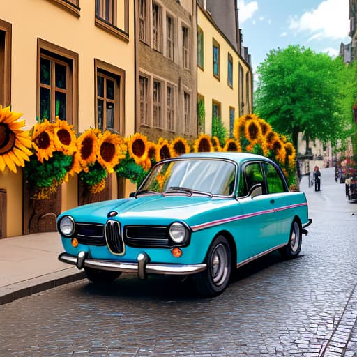  A BMW from the 50s on the streets of Luxembourg between a fountain of beautiful colors and flowers and sunflowers and a lake in front of the stone street of beautiful colors and a rainbow, a moon