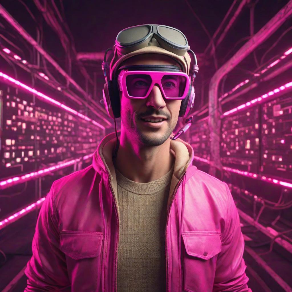  front: gamer man in ar glasses, retro style, neon pink and beige colors, happy, amazed,background - rail of pixels, cute, hyper detail, full HD hyperrealistic, full body, detailed clothing, highly detailed, cinematic lighting, stunningly beautiful, intricate, sharp focus, f/1. 8, 85mm, (centered image composition), (professionally color graded), ((bright soft diffused light)), volumetric fog, trending on instagram, trending on tumblr, HDR 4K, 8K