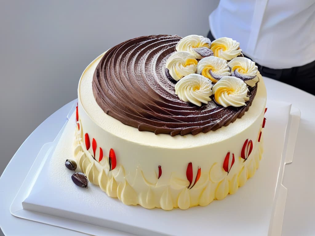  An ultradetailed closeup image of a skilled pastry chef delicately piping intricate designs on a perfect tiramisu cake, showcasing a blend of traditional Italian techniques and modern precision. The chef's hands are steady, focused, and expertly maneuvering the piping bag to create breathtaking swirls of creamy mascarpone, dusted with rich cocoa, against a backdrop of a pristine white marble countertop. The impeccable details and artistry in the pastry creation highlight the essence of exclusive techniques and secret ingredients in Italian pastries. hyperrealistic, full body, detailed clothing, highly detailed, cinematic lighting, stunningly beautiful, intricate, sharp focus, f/1. 8, 85mm, (centered image composition), (professionally color graded), ((bright soft diffused light)), volumetric fog, trending on instagram, trending on tumblr, HDR 4K, 8K