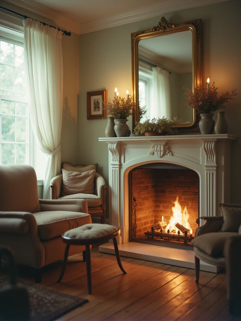  this project entails an editorial photography session set in a cozy living room with a fireplace, perfectly embodying cottage style with its soft colors and vintage furnishings. the scene captures a romance movie still ambiance, enhanced by the snowy light filtering through the windows. the photograph is taken using a polaroid sx 70 with cinestill 800t film, producing a delicate film grain that blurs the background, adding an intricate beauty to the image.