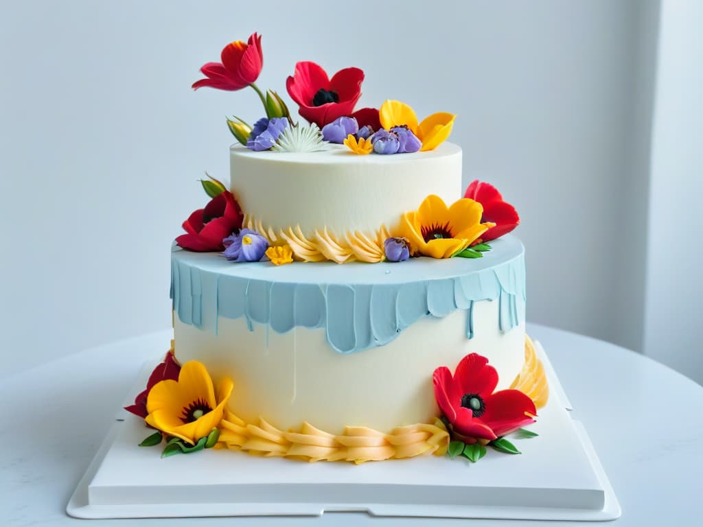  A minimalist image of a beautifully decorated multilayered cake standing on a sleek, marble countertop under soft, natural lighting. The cake features intricate piping work, delicate fondant decorations, and vibrant edible flowers cascading down its side. The focus is on the impeccable details of the cake, showcasing the skill and artistry involved in creating such a masterpiece. hyperrealistic, full body, detailed clothing, highly detailed, cinematic lighting, stunningly beautiful, intricate, sharp focus, f/1. 8, 85mm, (centered image composition), (professionally color graded), ((bright soft diffused light)), volumetric fog, trending on instagram, trending on tumblr, HDR 4K, 8K