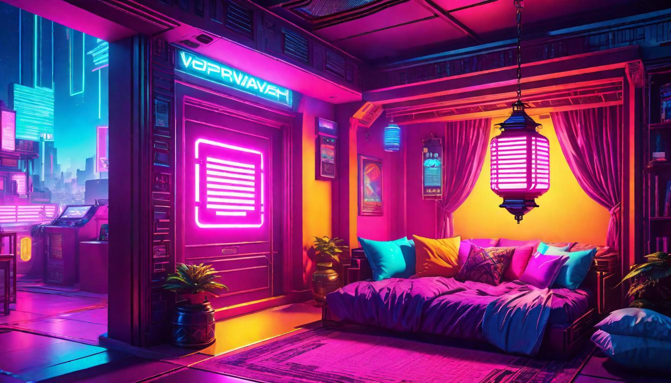  vaporwave,cyberpunk game style A lantern hanging over a cozy alcove filled with pillows, marking a dedicated timeout zone, inviting, secludedeon, dystopian, futuristic, digital, vibrant, detailed, high contrast, reminiscent of cyberpunk genre video games,retro aesthetic, cyberpunk, vibrant, neon colors, vintage 80s and 90s style, highly detailed