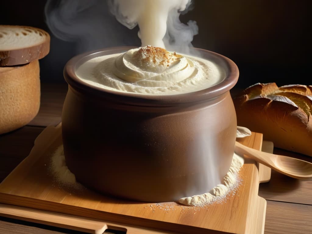  An ultradetailed image of a traditional clay pot filled with bubbling sourdough starter, showcasing the intricate web of yeast and bacteria at work in the fermentation process. The pot sits on a rustic wooden table, surrounded by scattered flour, a vintage wooden spoon, and a few artisanal loaves of bread, capturing the essence of ancient fermentation techniques in pastry making. The lighting is soft, casting gentle shadows and highlighting the textures and details of the ingredients. hyperrealistic, full body, detailed clothing, highly detailed, cinematic lighting, stunningly beautiful, intricate, sharp focus, f/1. 8, 85mm, (centered image composition), (professionally color graded), ((bright soft diffused light)), volumetric fog, trending on instagram, trending on tumblr, HDR 4K, 8K