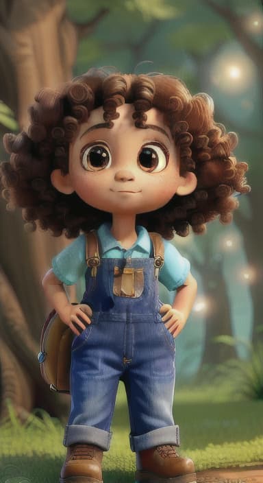  {The tree with a twinkling eye, while its leaves gently rustle., Riley, a curious with big brown eyes and curly hair, wearing overalls and carrying a small backpack. Their friend, Skye, a bluebird with shiny feathers.