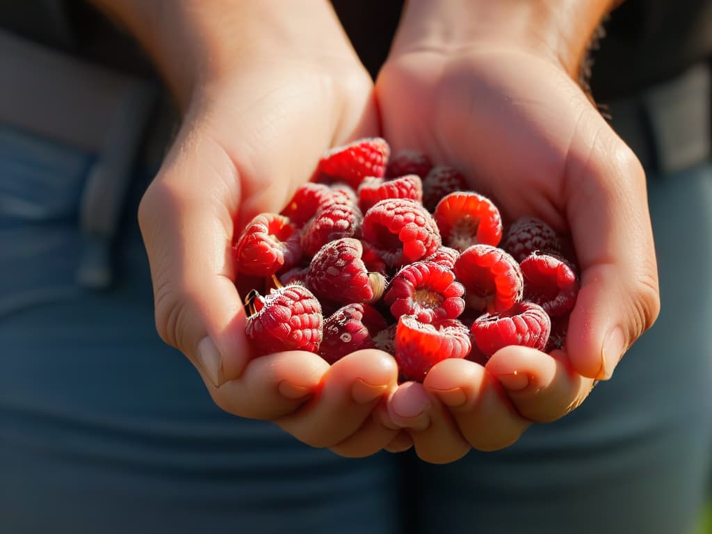  A closeup, ultradetailed image of a perfectly ripe raspberry being gently pressed between two delicate fingers, showcasing the vibrant red color and the tiny seeds glistening under a soft, natural light. The focus is so sharp that every tiny hair on the raspberry's surface is visible, creating a mesmerizing and visually striking minimalist composition that conveys the essence of freshness and the beauty found in simple ingredients. hyperrealistic, full body, detailed clothing, highly detailed, cinematic lighting, stunningly beautiful, intricate, sharp focus, f/1. 8, 85mm, (centered image composition), (professionally color graded), ((bright soft diffused light)), volumetric fog, trending on instagram, trending on tumblr, HDR 4K, 8K