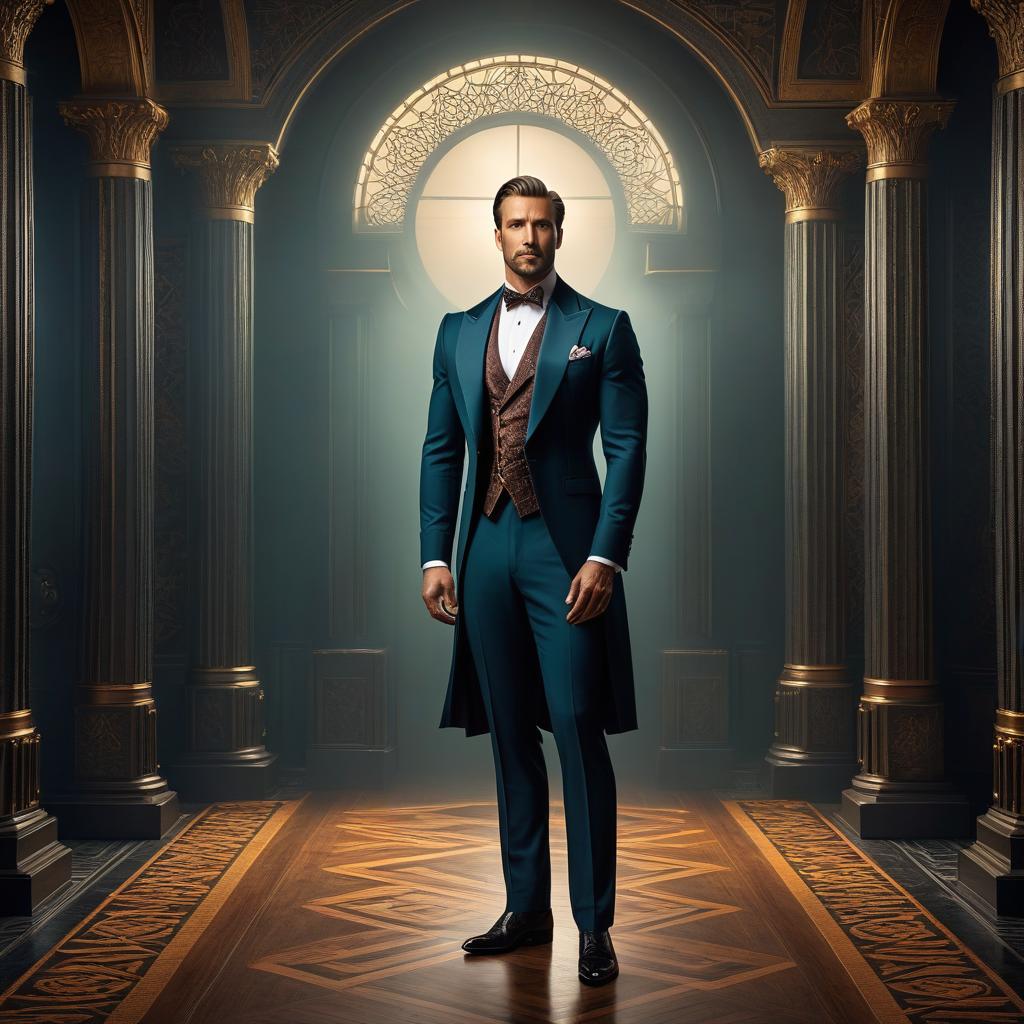  Art Deco style Portrait of a man, midjourney and digital painting . geometric shapes, bold colors, luxurious, elegant, decorative, symmetrical, ornate, detailed hyperrealistic, full body, detailed clothing, highly detailed, cinematic lighting, stunningly beautiful, intricate, sharp focus, f/1. 8, 85mm, (centered image composition), (professionally color graded), ((bright soft diffused light)), volumetric fog, trending on instagram, trending on tumblr, HDR 4K, 8K