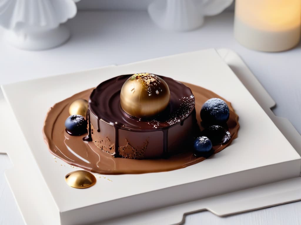  A highresolution image showcasing a sleek, modern dessert plate with a meticulously crafted piece of minimalist chocolate art as the focal point. The dessert features a glossy chocolate sphere delicately balanced on a pristine white plate, surrounded by artistic drizzles of chocolate sauce and a sprinkle of edible gold flakes. The elegant presentation highlights the harmonious blend of textures and the meticulous attention to detail, embodying the essence of minimalist chocolate desserts that have set a trend in the culinary world. hyperrealistic, full body, detailed clothing, highly detailed, cinematic lighting, stunningly beautiful, intricate, sharp focus, f/1. 8, 85mm, (centered image composition), (professionally color graded), ((bright soft diffused light)), volumetric fog, trending on instagram, trending on tumblr, HDR 4K, 8K