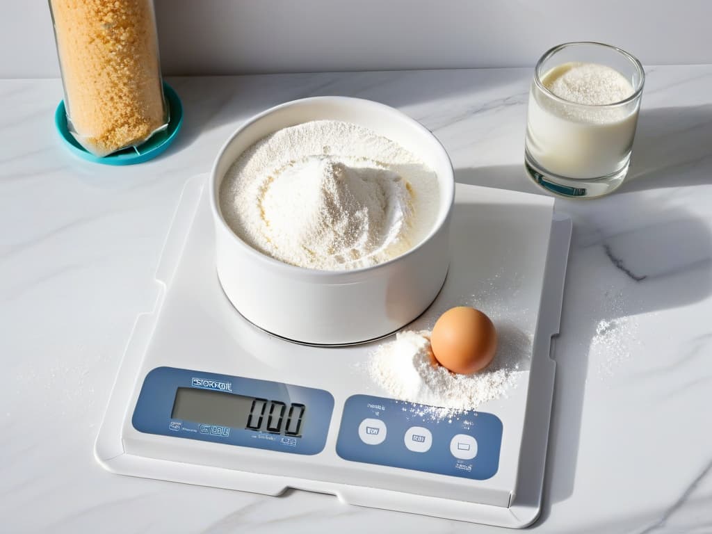  A minimalist and sleek kitchen scale with a digital display, set against a backdrop of a marble countertop with scattered flour, sugar, and a rolling pin. The scale's surface reflects the soft glow of undercabinet lighting, emphasizing its precision and modern design, while showcasing the essential tools for advanced baking accuracy. hyperrealistic, full body, detailed clothing, highly detailed, cinematic lighting, stunningly beautiful, intricate, sharp focus, f/1. 8, 85mm, (centered image composition), (professionally color graded), ((bright soft diffused light)), volumetric fog, trending on instagram, trending on tumblr, HDR 4K, 8K