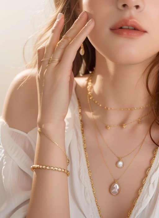  a close up of a woman wearing a white shirt and gold jewelry, gold jewerly, gold jewlery, gold jewelry, thin gold details, gold and pearl necklaces, golden and silver jewerly, bracelets and necklaces, golden jewelry, multiple golden necklaces, high delicate defined details, detailed jewelry, gold accessories, gold necklace, golden jewellery, golden jewelery,award winning composition,high quality,masterpiece,extremely detailed,high res,4k,ultra high res,detailed shadow,ultra realistic,dramatic lighting,bright light