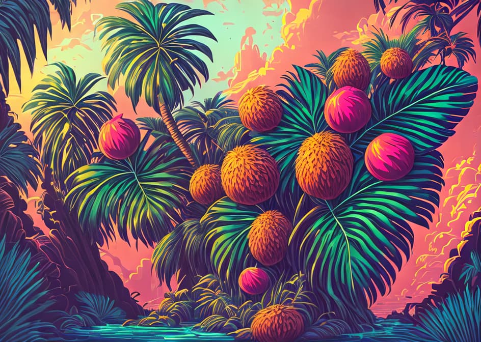 IN THE STYLE OF <MAGIFACTORY> Capture the essence of a tropical paradise with hand drawn palm trees, coconuts, and exotic birds. This design is ideal for creating a vibrant and lively atmosphere in fashion, textiles, or wallpaper. hyperrealistic, full body, detailed clothing, highly detailed, cinematic lighting, stunningly beautiful, intricate, sharp focus, f/1. 8, 85mm, (centered image composition), (professionally color graded), ((bright soft diffused light)), volumetric fog, trending on instagram, trending on tumblr, HDR 4K, 8K