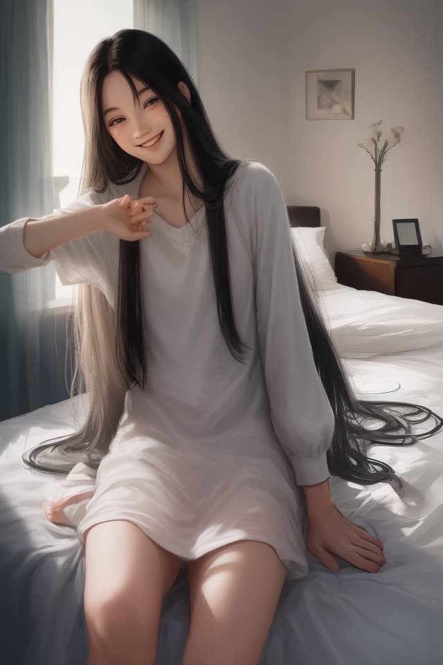  Long hair, room wear, smile,