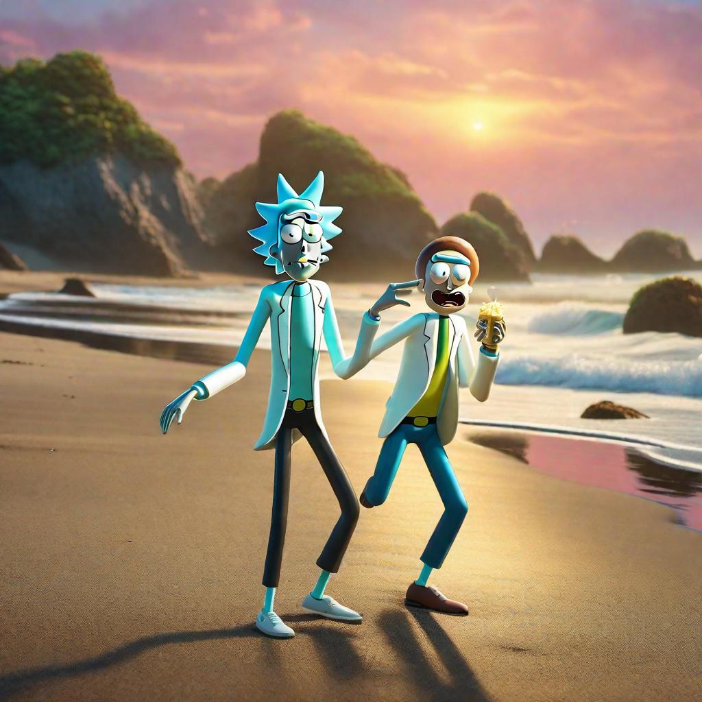  rick&morty dancing ok the beach hyperrealistic, full body, detailed clothing, highly detailed, cinematic lighting, stunningly beautiful, intricate, sharp focus, f/1. 8, 85mm, (centered image composition), (professionally color graded), ((bright soft diffused light)), volumetric fog, trending on instagram, trending on tumblr, HDR 4K, 8K