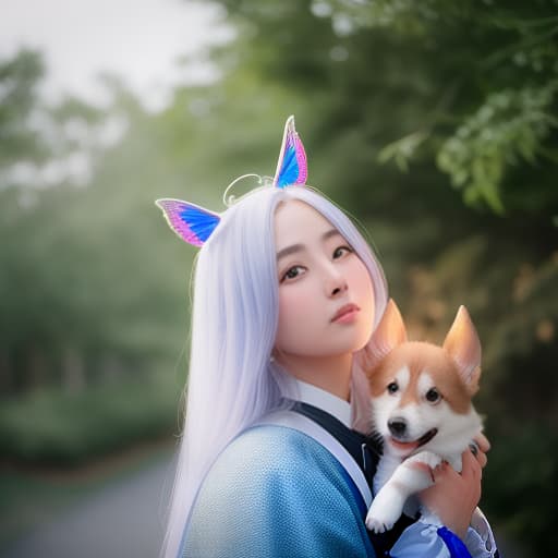  An alien female young woman, middle-ages town, loves butterflies and unicorn playing with puppy , hyperrealistic, high quality, highly detailed, cinematic lighting, intricate, sharp focus, f/1. 8, 85mm, (centered image composition), (professionally color graded), ((bright soft diffused light)), volumetric fog, trending on instagram, HDR 4K, 8K