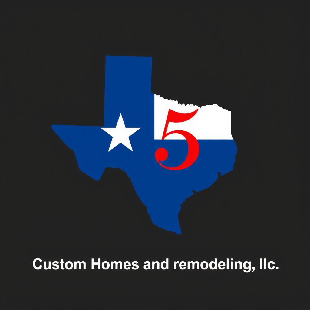  design a logo that features the outline of the state of texas in a minimalist style. inside the texas outline, incorporate the letters 'm5' in a bold, modern font. use the colors of the texas flag: blue, red, and white. make the 'm' in blue, the '5' in red, and the star in white. the text 'custom homes and remodeling, llc' should be elegantly placed below or around the outline of texas, ensuring it complements the design without overwhelming the central focus. use a neutral color, such as black or dark blue, for the company name to ensure readability hyperrealistic, full body, detailed clothing, highly detailed, cinematic lighting, stunningly beautiful, intricate, sharp focus, f/1. 8, 85mm, (centered image composition), (professionally color graded), ((bright soft diffused light)), volumetric fog, trending on instagram, trending on tumblr, HDR 4K, 8K