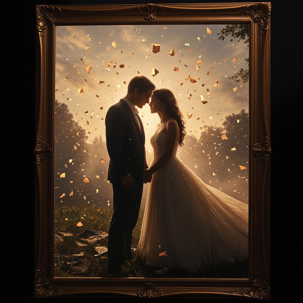  good quality, high quality, a couple standing together in a twilight scene, as a once perfect framed picture shatters, letting glowing fragments float around them, revealing their true love in the mist.