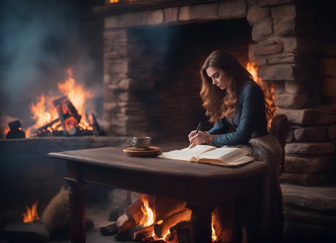  A long haired girl sits by the fireplace writing poetry. hyperrealistic, full body, detailed clothing, highly detailed, cinematic lighting, stunningly beautiful, intricate, sharp focus, f/1. 8, 85mm, (centered image composition), (professionally color graded), ((bright soft diffused light)), volumetric fog, trending on instagram, trending on tumblr, HDR 4K, 8K