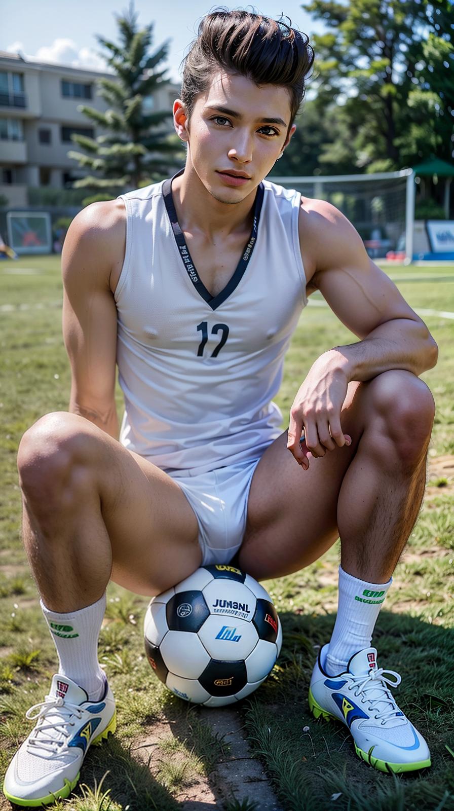  ultra high res, (photorealistic:1.4), raw photo, (realistic face), realistic eyes, (realistic skin), <lora:XXMix9_v20LoRa:0.8>, (handsome:1.1), (male:2.5), (soccer players:1.1), (pompadour:1.4), (white briefs:1.3), (sleeveless:1.2), spike shoes, (soccer shin guards:1.3), young, sitting posture, (spread legs:1.1), real skin, (sexy posing:1.3), hot guy, (muscular:1.3), (naked:1.1), (bulge:1.1), trained calves, thigh, realistic, lifelike, high quality, photos taken with a single-lens reflex camera, (looking at the camera:1.2)