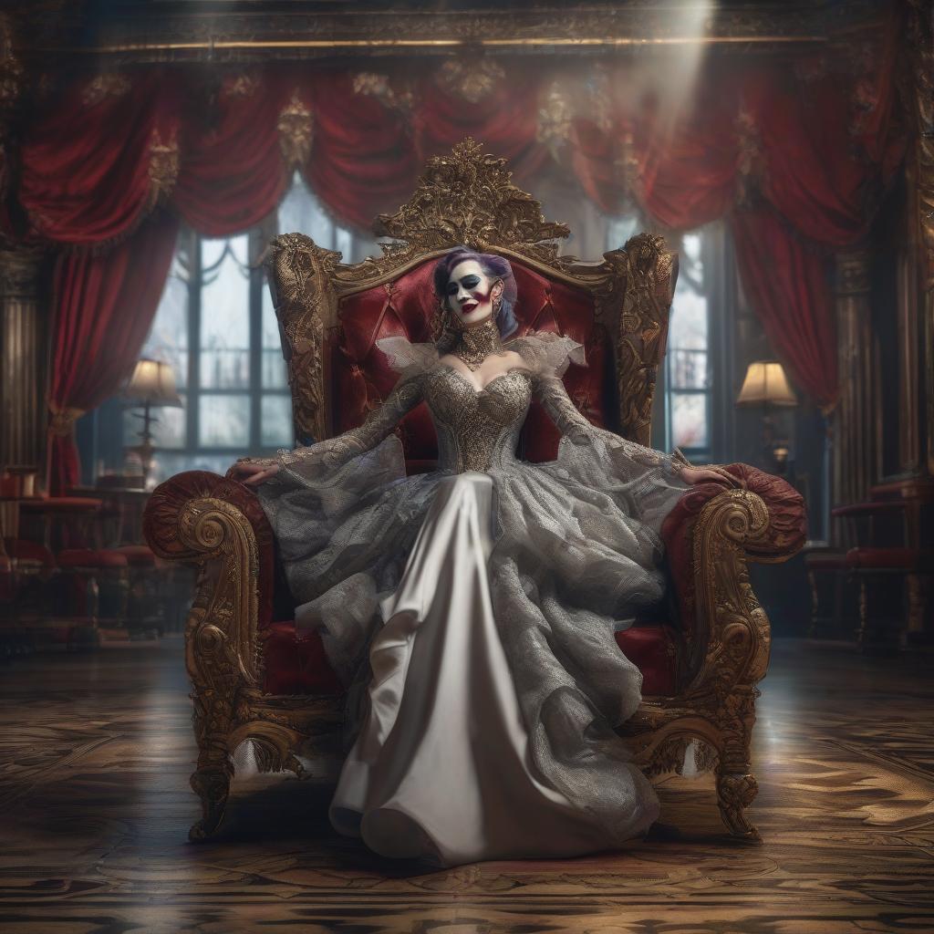  The joker queen with a laugh crumbled on a luxurious chair in the gothic style room. hyperrealistic, full body, detailed clothing, highly detailed, cinematic lighting, stunningly beautiful, intricate, sharp focus, f/1. 8, 85mm, (centered image composition), (professionally color graded), ((bright soft diffused light)), volumetric fog, trending on instagram, trending on tumblr, HDR 4K, 8K