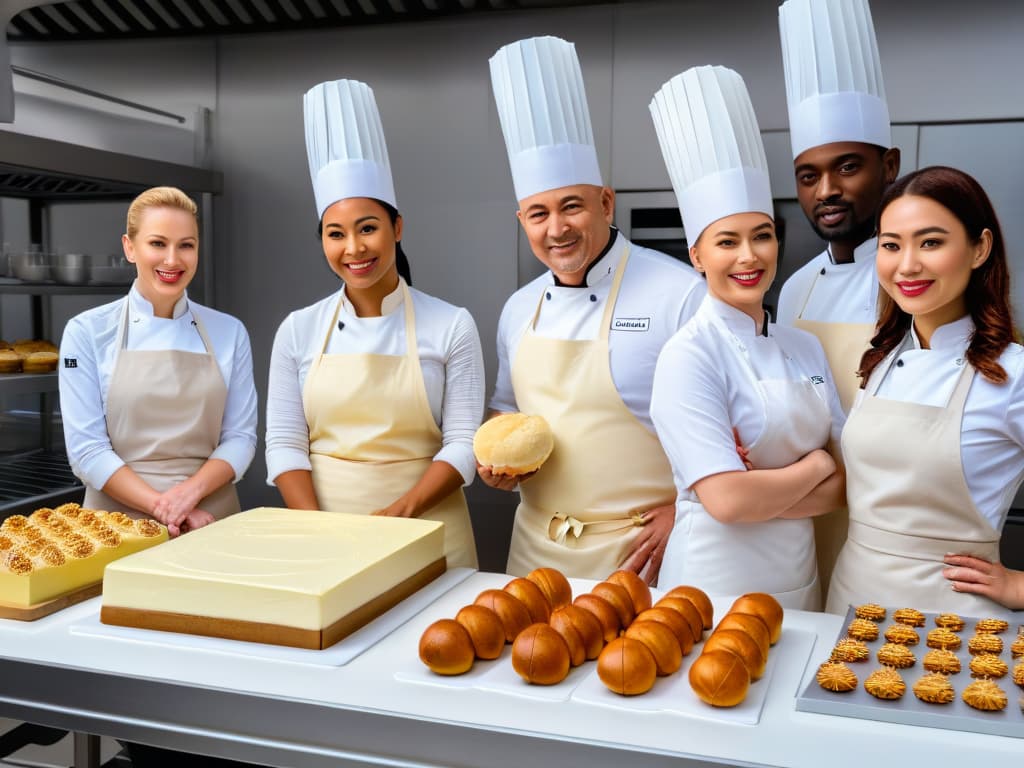  A highresolution image of a diverse group of professional bakers collaborating in a modern, sustainable kitchen. The picture showcases a variety of individuals of different ages and ethnicities, each passionately working on their unique pastry creations. The kitchen is filled with sleek, ecofriendly appliances and tools, emphasizing the concept of sustainability in baking. The minimalistic style highlights the clean lines and organized workspace, conveying a sense of professionalism and innovation in the field of sustainable baking alliances. hyperrealistic, full body, detailed clothing, highly detailed, cinematic lighting, stunningly beautiful, intricate, sharp focus, f/1. 8, 85mm, (centered image composition), (professionally color graded), ((bright soft diffused light)), volumetric fog, trending on instagram, trending on tumblr, HDR 4K, 8K