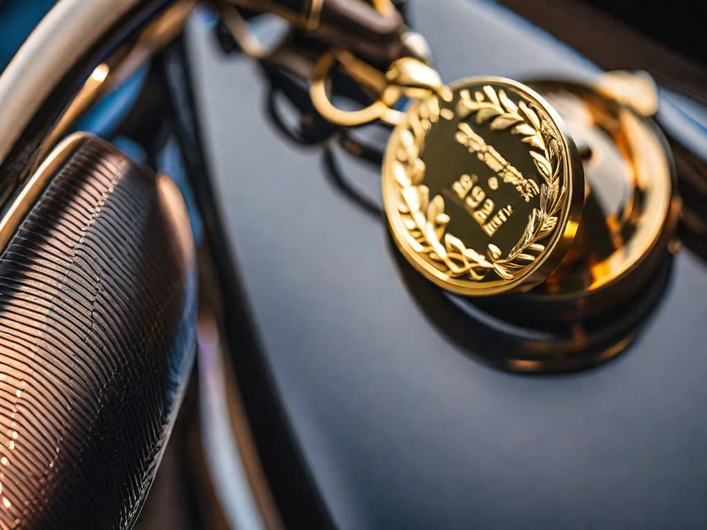  A close-up shot of a shiny gold medal resting on a sleek bicycle saddle under the bright sun. digital art, ilustration hyperrealistic, full body, detailed clothing, highly detailed, cinematic lighting, stunningly beautiful, intricate, sharp focus, f/1. 8, 85mm, (centered image composition), (professionally color graded), ((bright soft diffused light)), volumetric fog, trending on instagram, trending on tumblr, HDR 4K, 8K