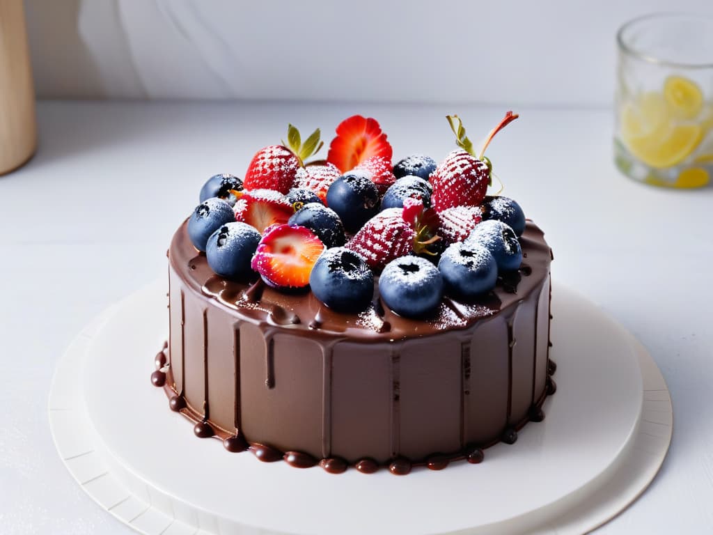  An ultradetailed, minimalist image of a decadent vegan chocolate cake topped with fresh berries, drizzled with a glossy ganache, and surrounded by delicate edible flowers on a sleek, white marble platter. The cake is perfectly sliced to reveal its rich, moist layers, showcasing the artistry and sophistication of vegan dessert creations, embodying the essence of modern plantbased pastry trends. hyperrealistic, full body, detailed clothing, highly detailed, cinematic lighting, stunningly beautiful, intricate, sharp focus, f/1. 8, 85mm, (centered image composition), (professionally color graded), ((bright soft diffused light)), volumetric fog, trending on instagram, trending on tumblr, HDR 4K, 8K