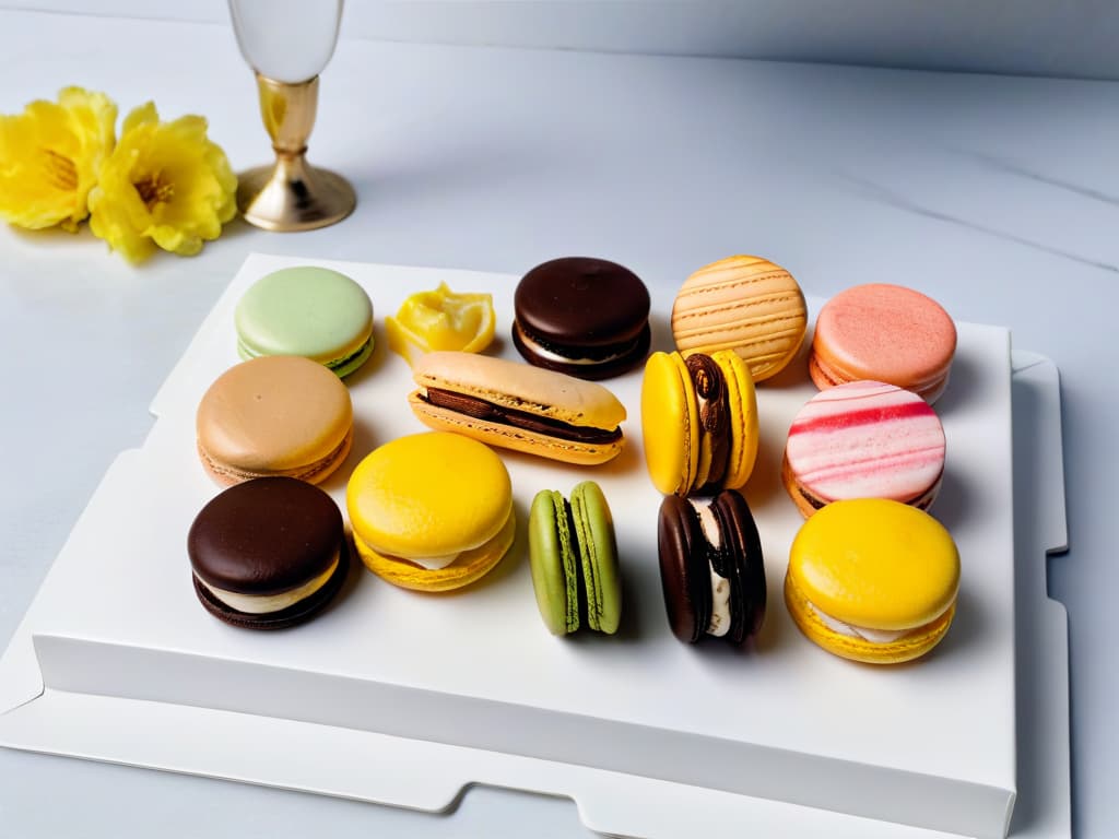  A minimalist, highresolution image featuring a beautifully styled flat lay of a selection of exquisite French pastries such as macarons, éclairs, and tarts arranged on a sleek marble countertop. Each pastry is meticulously crafted and elegantly presented, showcasing the artistry and sophistication of French pastry making. The pastel hues of the macarons contrast with the rich, glossy chocolate glaze of the éclairs, creating a visually stunning and appetizing composition that is sure to captivate the readers and evoke a sense of culinary delight and refinement. hyperrealistic, full body, detailed clothing, highly detailed, cinematic lighting, stunningly beautiful, intricate, sharp focus, f/1. 8, 85mm, (centered image composition), (professionally color graded), ((bright soft diffused light)), volumetric fog, trending on instagram, trending on tumblr, HDR 4K, 8K