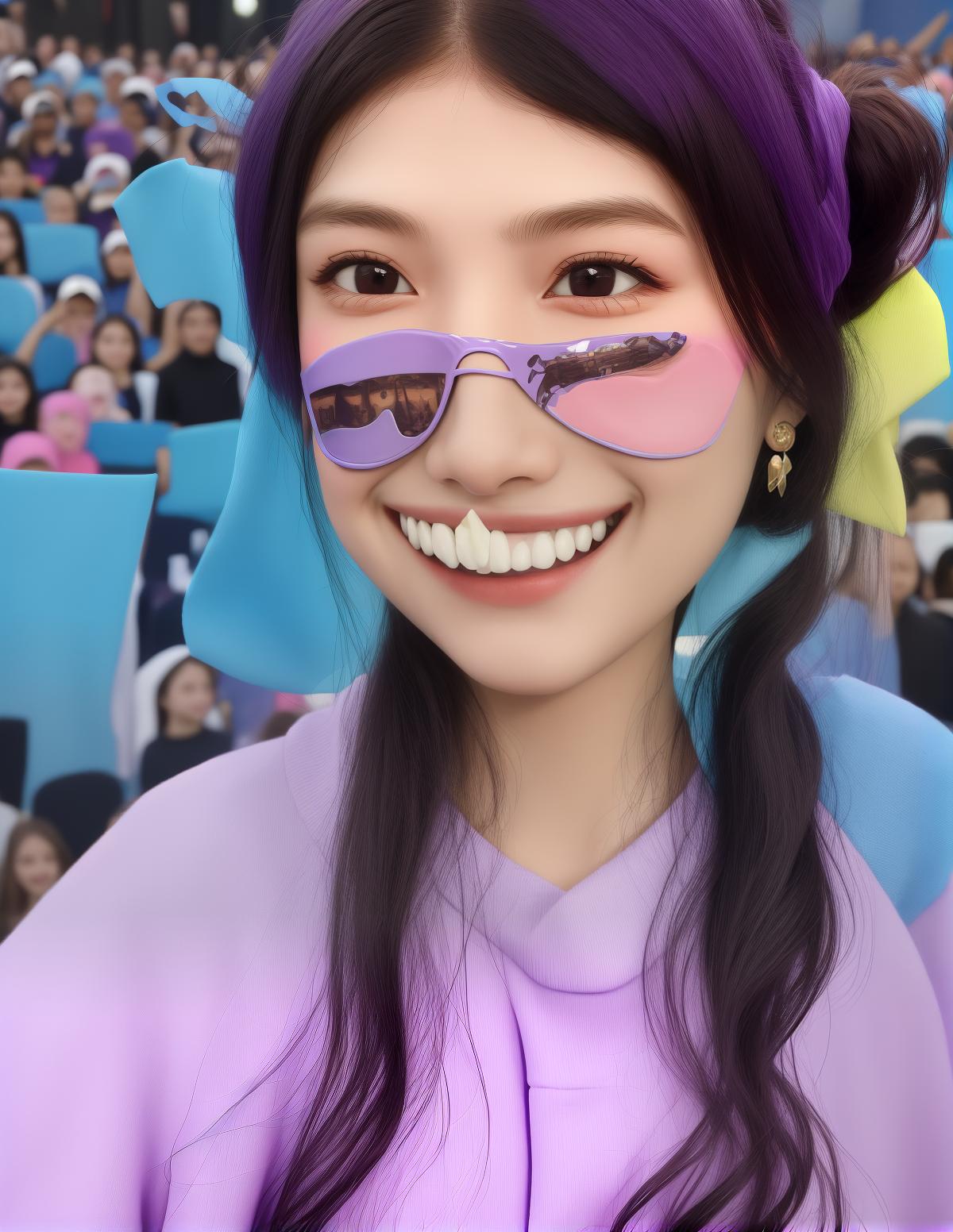  Masterpiece, best quality, a girl at a concert, sticker on her face, half covering her eyes, smiling at the camera, purple top, selfie in the concert stands