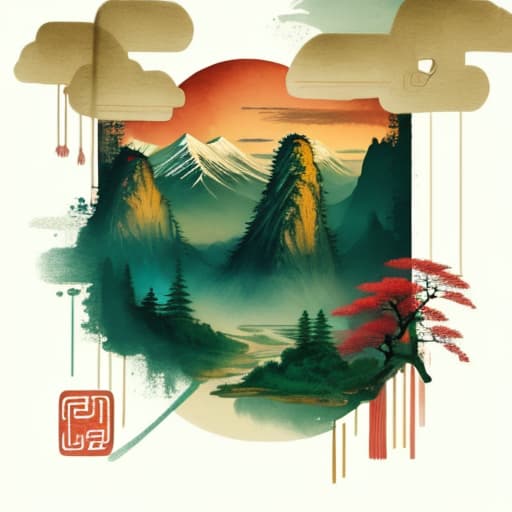  Chinese style landscape painting, mountains, rivers, clouds