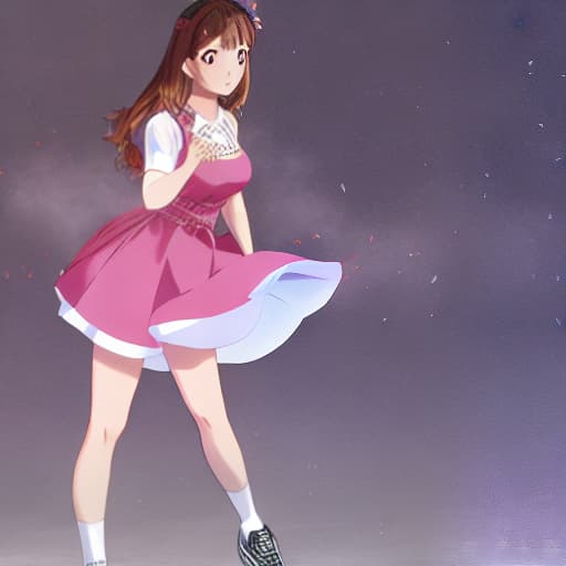  a girl wearing cute pink frock with long brown hair and white sneakers hyperrealistic, full body, detailed clothing, highly detailed, cinematic lighting, stunningly beautiful, intricate, sharp focus, f/1. 8, 85mm, (centered image composition), (professionally color graded), ((bright soft diffused light)), volumetric fog, trending on instagram, trending on tumblr, HDR 4K, 8K