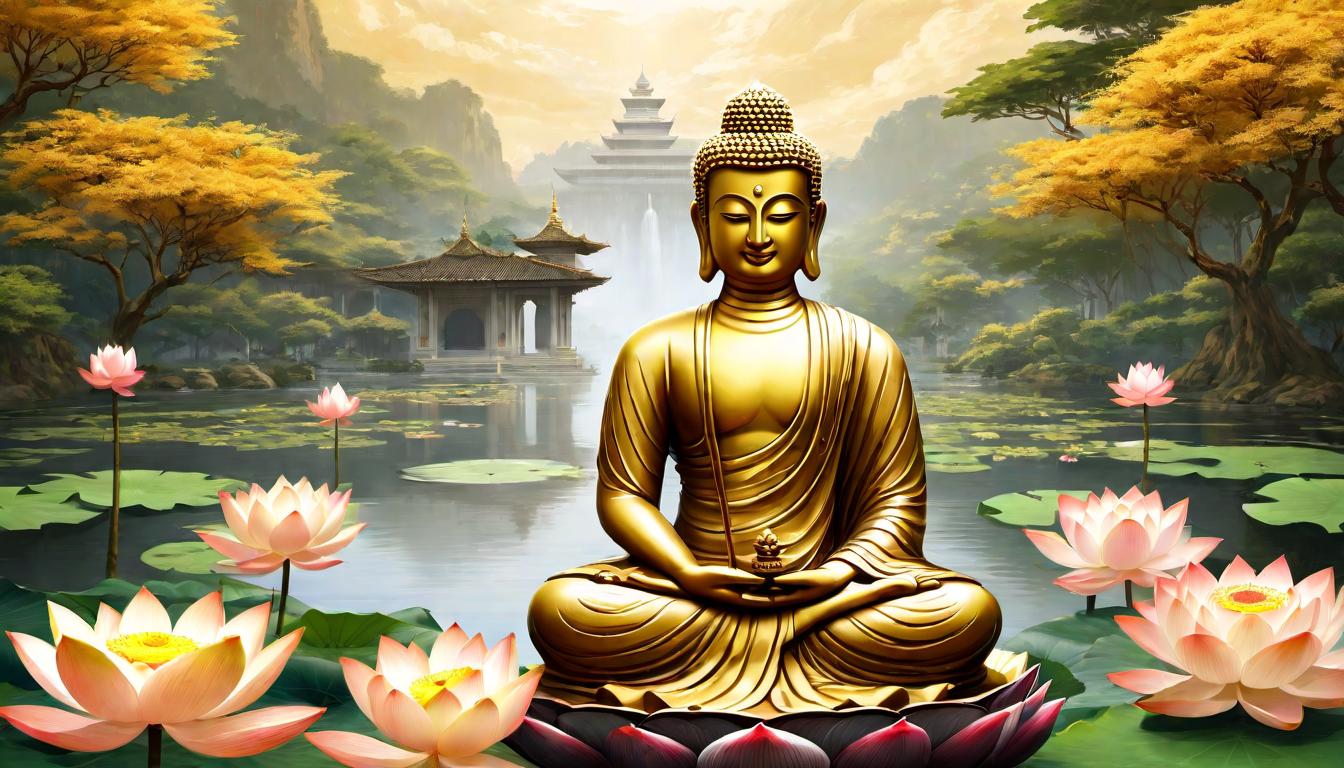  digital illustration, A young Siddhartha Gautama, seated on a lotus flower, calm expression, detailed garments befitting royalty, luxurious palace backdrop, golden hues, serenity, enlightenment, looking at viewer, dynamic pose, (intricate details, masterpiece, best quality)