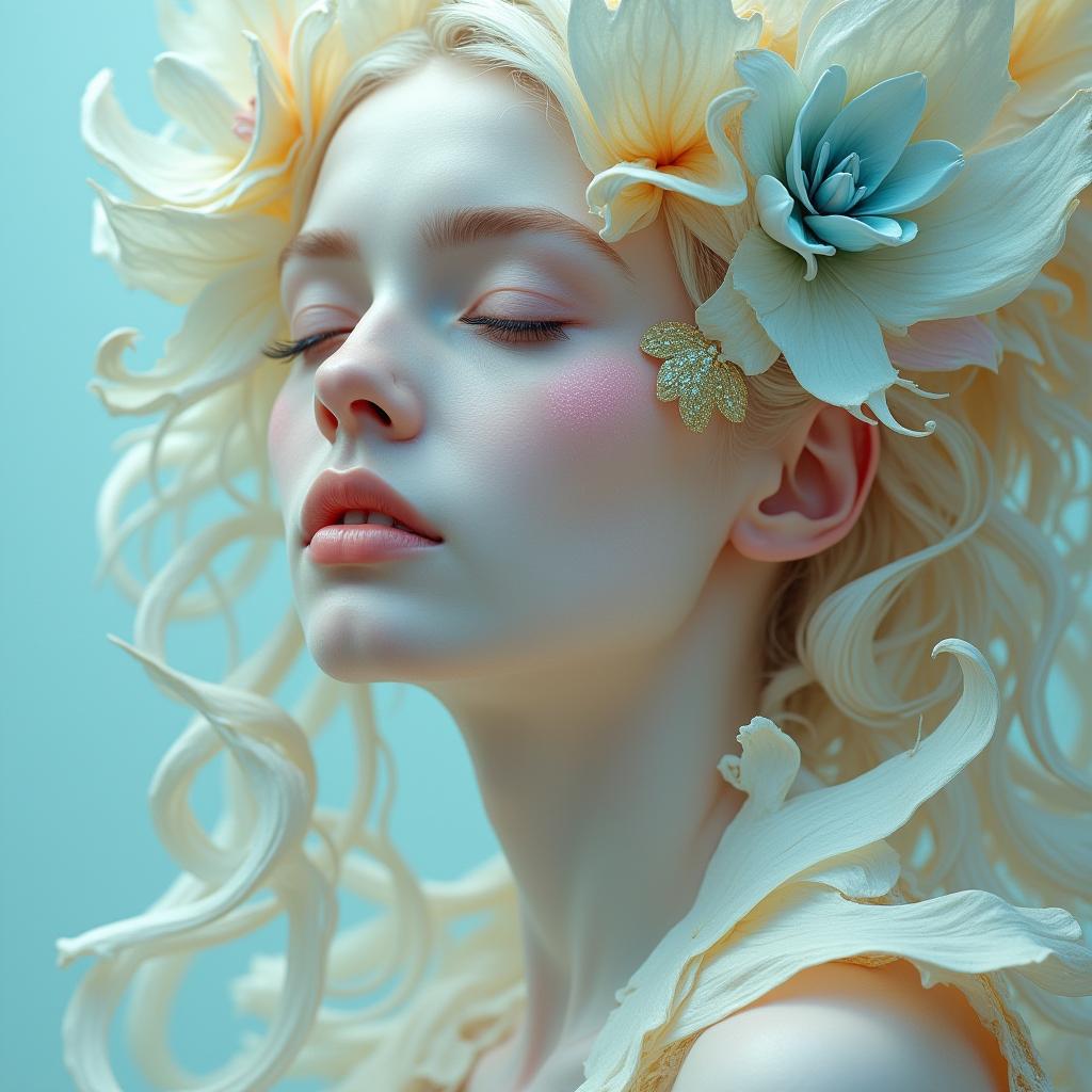  good quality, high quality, this image portrays a close up of a woman's face in an ethereal, dreamlike scene. the artistic style is highly detailed and intricate, blending elements of fantasy and surrealism. her skin appears smooth and almost porcelain like, rendered with a soft, luminous quality, while her closed eyes, with long eyelashes, give a peaceful, introspective mood. the most striking aspect of the image is the elaborate, organic design that adorns her face and body. these swirling, leaf like patterns wrap around her head and shoulders, resembling flowing petals or feathers. the shapes are highly stylized and textural, combining pastel shades of blue, pink, yellow, and soft metallics, which add a harmonious contrast to the pale, c