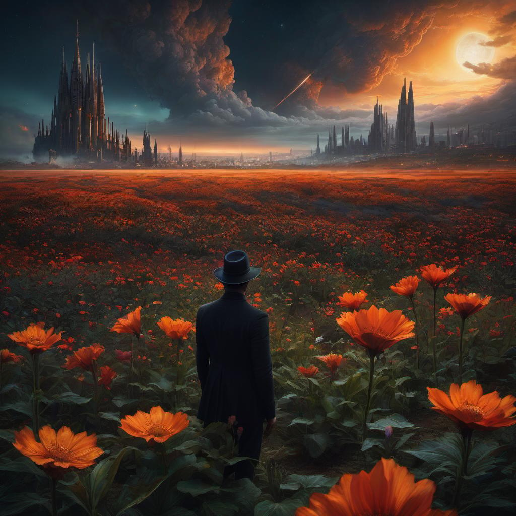  (stylized by Tomasz Alen Kopera:1.3) , dark art, dense flower field and Perseid meteor in background, landscape of a (Barcelona:1.2) , very Bizarre and 1600'S, Hurricane, Glitchcore, Amaro, layered textures, ornate, intricate artistic color, complimentary colors, very inspirational, atmosphere, fine artistic composition, sunny, theatrical hyperrealistic, full body, detailed clothing, highly detailed, cinematic lighting, stunningly beautiful, intricate, sharp focus, f/1. 8, 85mm, (centered image composition), (professionally color graded), ((bright soft diffused light)), volumetric fog, trending on instagram, trending on tumblr, HDR 4K, 8K