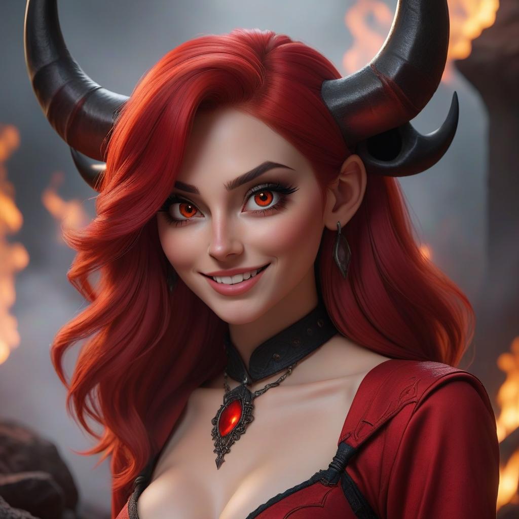  hyperrealistic art A girl demon with red hair smiles with a calm face, black horns, black eyes, and red clothing without a décolleté against a background of hell. . extremely high resolution details, photographic, realism pushed to extreme, fine texture, incredibly lifelike hyperrealistic, full body, detailed clothing, highly detailed, cinematic lighting, stunningly beautiful, intricate, sharp focus, f/1. 8, 85mm, (centered image composition), (professionally color graded), ((bright soft diffused light)), volumetric fog, trending on instagram, trending on tumblr, HDR 4K, 8K