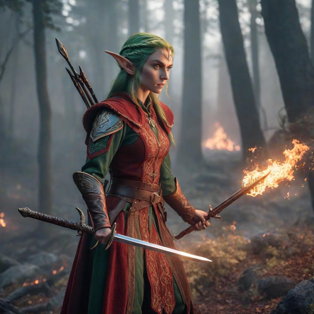  An elf holds a sword around blood and fire. hyperrealistic, full body, detailed clothing, highly detailed, cinematic lighting, stunningly beautiful, intricate, sharp focus, f/1. 8, 85mm, (centered image composition), (professionally color graded), ((bright soft diffused light)), volumetric fog, trending on instagram, trending on tumblr, HDR 4K, 8K