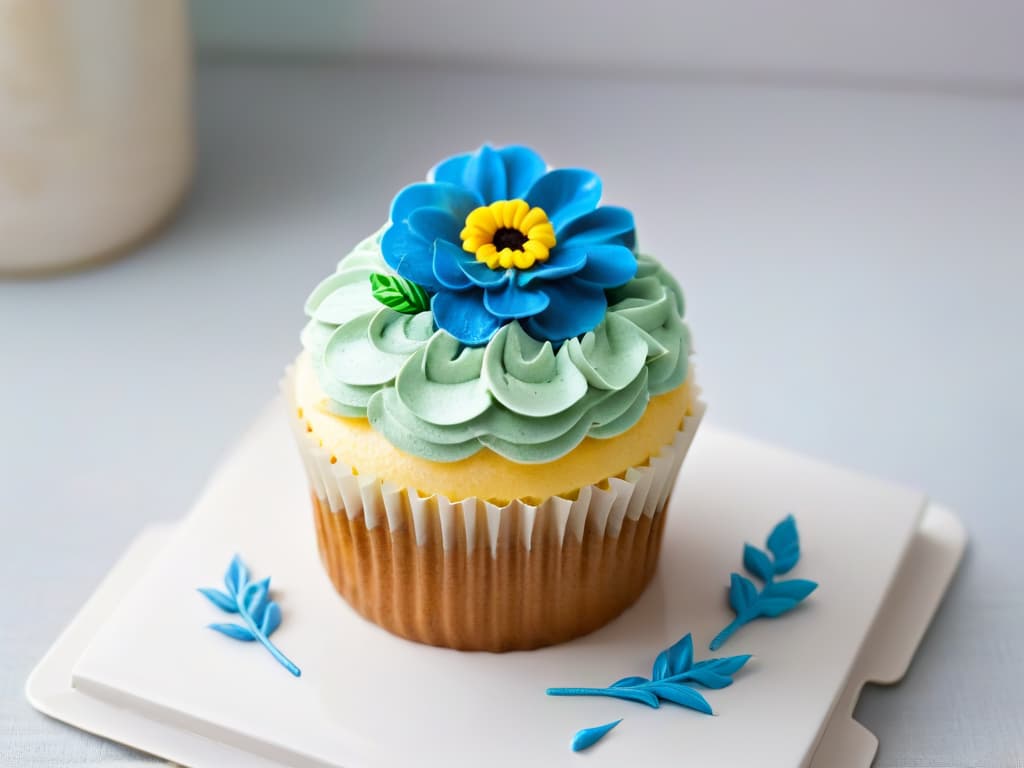  A closeup, ultradetailed image of a delicate, intricately designed cupcake with swirls of pastelcolored frosting on top, adorned with a single edible flower in vibrant hues. The cupcake is placed on a sleek, modern white plate against a soft, blurred background, highlighting the exquisite craftsmanship and attention to detail in sustainable baking practices. hyperrealistic, full body, detailed clothing, highly detailed, cinematic lighting, stunningly beautiful, intricate, sharp focus, f/1. 8, 85mm, (centered image composition), (professionally color graded), ((bright soft diffused light)), volumetric fog, trending on instagram, trending on tumblr, HDR 4K, 8K